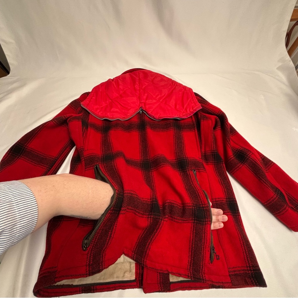Vintage 30s Buffalo Hunting Jacket w Hood Mens Medium Red Plaid 1940s Wool Coat - Picture 9 of 16